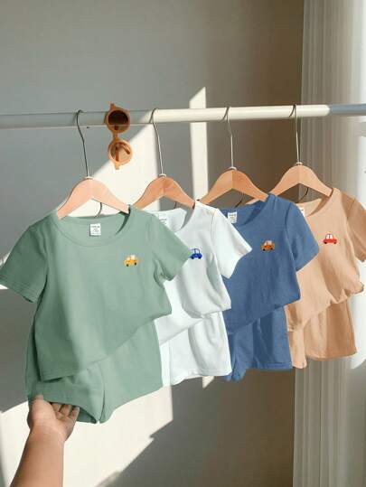 SHEIN 8pcs/Set Baby Boy/Girl Summer Cute Cartoon Print Short Sleeve Top And Elastic Waist Shorts