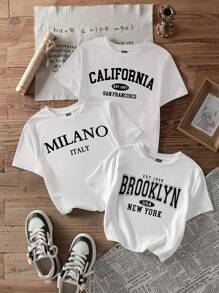 Attitoon 3 件白色休闲城市名称印花圆领短袖修身短款女式 T 恤，意大利米兰、加州布鲁克林印花