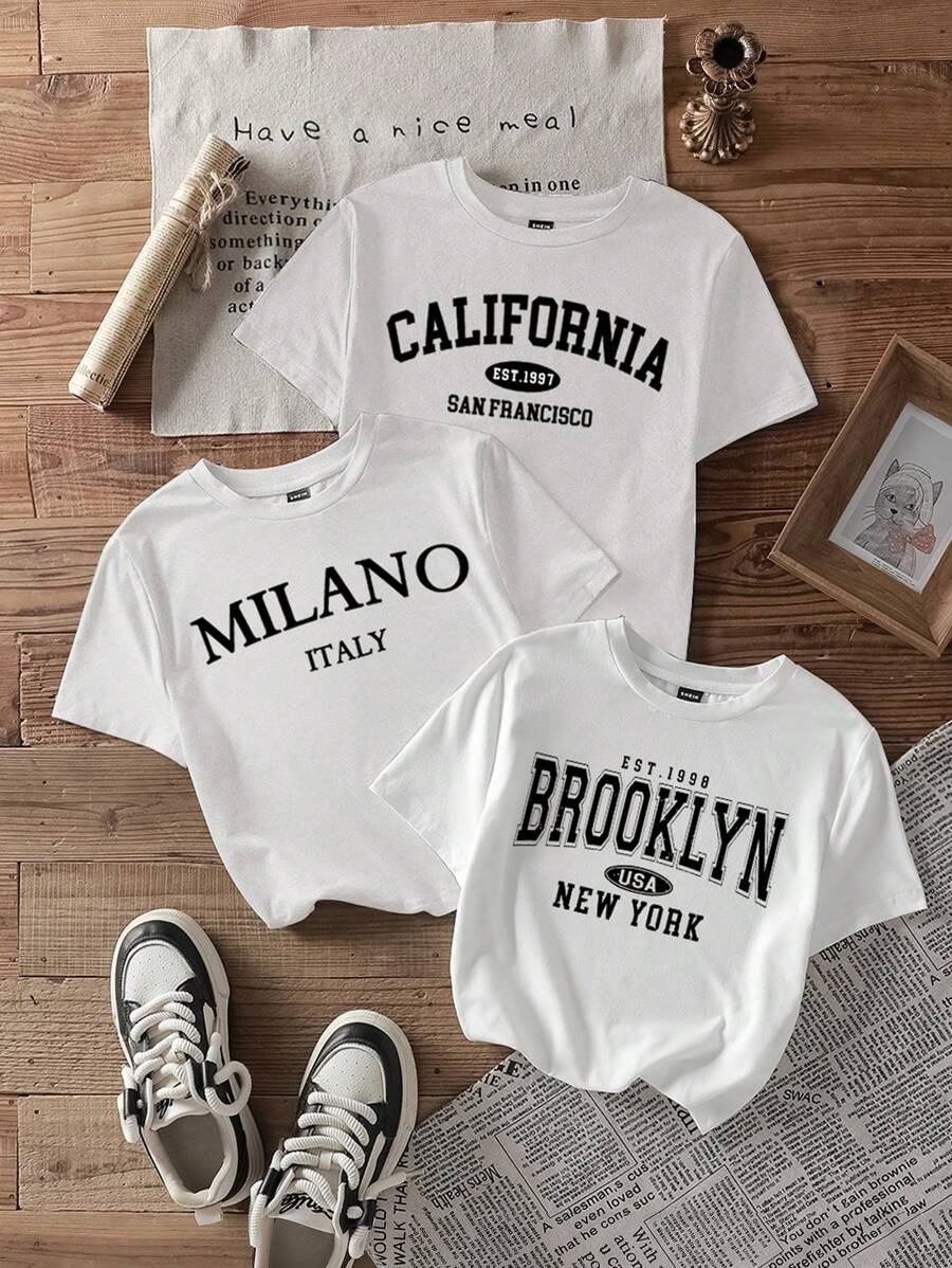 Attitoon 3 件白色休闲城市名称印花圆领短袖修身短款女式 T 恤，意大利米兰、加州布鲁克林印花