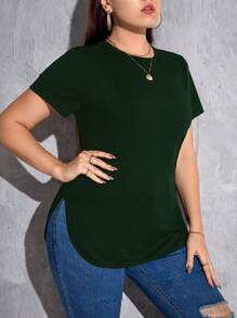 SHEIN Essnce Plus Size Solid Color Casual Crew Neck Short Sleeve T-Shirt, Summer Spring - Dark Green - View 5