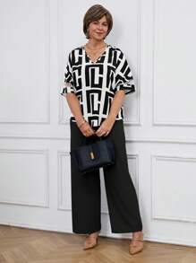 Miaspire 2 件套女士休闲全印花 V 领上衣和裤子套装 - 白色 - 查看 5