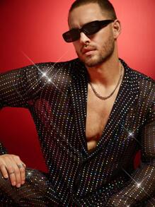 FeverCity Men's Mesh Patchwork Loose Fit Long Sleeve Suit Set - Black - View 4