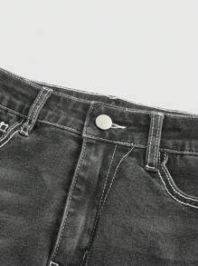 ROMWE Grunge Punk Y2K Retro Midriff-Revealing Mini Skirt With Cross & Wing Embroidery, Including Underpants (Set) - Dark Grey - View 4