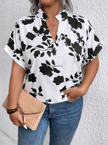 SHEIN CURVE+ Plus Size Women's Casual Woven Printed V-Neck Roll Cuff Loose Regular Blouse For Summer - Black - View 6