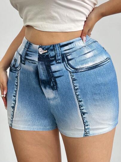 POPSWAY Plus Size Denim Effect Stretchy Shorts, Minimalist & Fashionable For Summer