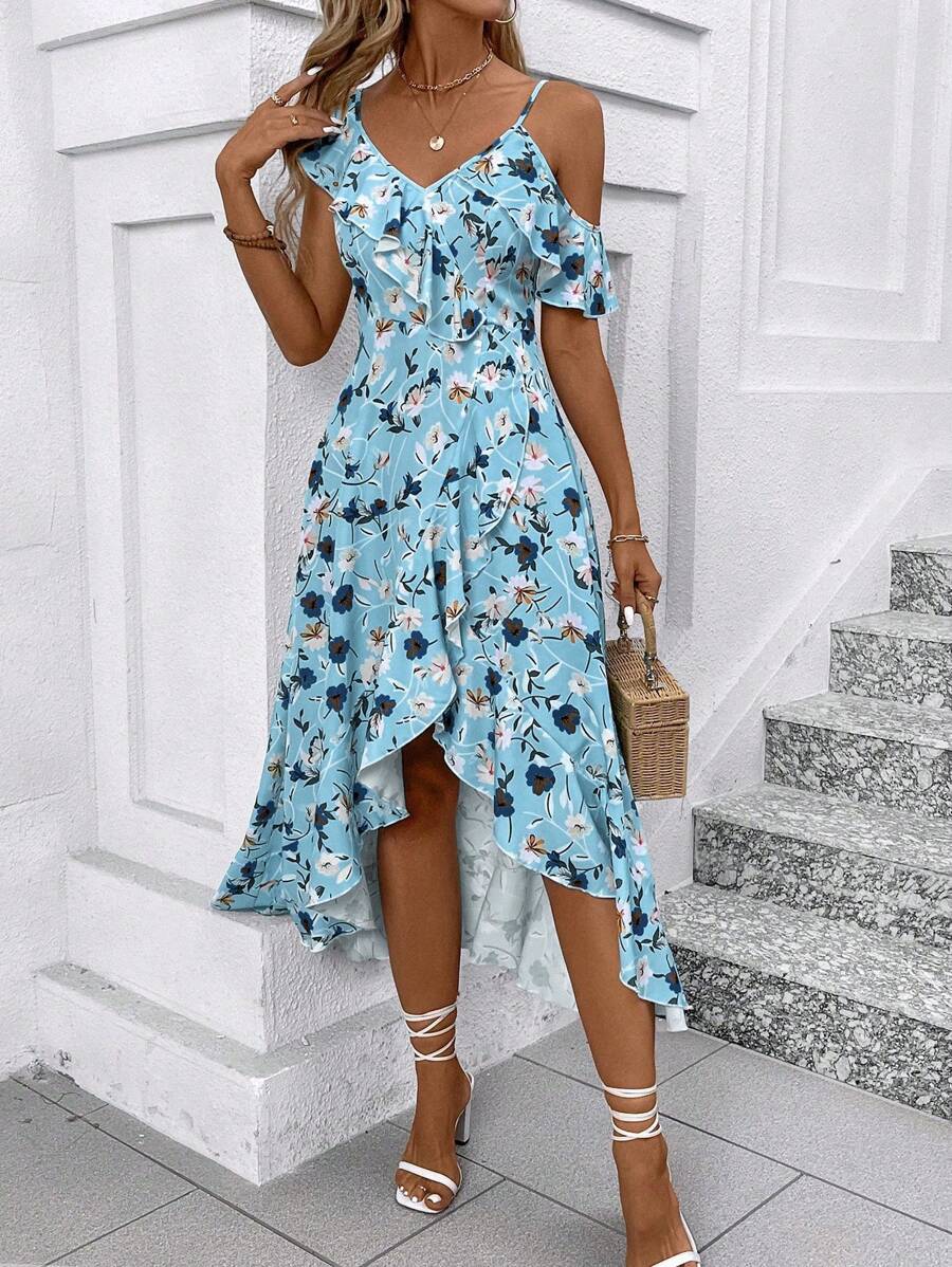 EMERY ROSE Women's Ruffle Floral Printed Ruffle Hem Vacation Dress Maxi Women Outfit - Multicolor - View 1