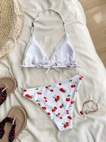 SHEIN Leap Crew Teen Girls Seaside Vacation Cute Cherry Print V-Neck Bikini Set, Beach Outfit Bathing Suit Summer,Summer Beach - Red and White - View 2