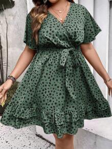 SHEIN Holidaya Plus Allover Print Ruffle Hem Belted Dress For New Year Clothes - Green - View 4