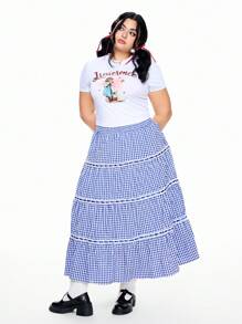 ROMWE Kawaii Conjunto de vacaciones para mujer con falda A-line plisada y con volantes, cinta a cuadros, talla grande