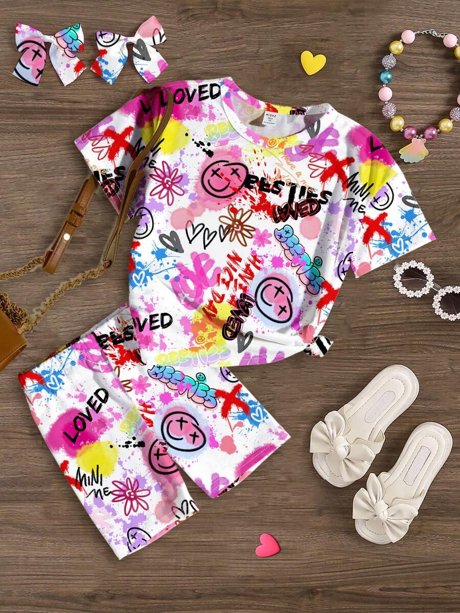 2pcs/Set Cute Graffiti Print, Young Girl Casual Minimalist Style Short Sleeve T-Shirt And Shorts Outfit, Suitable For Summer - Multicolor - View 1