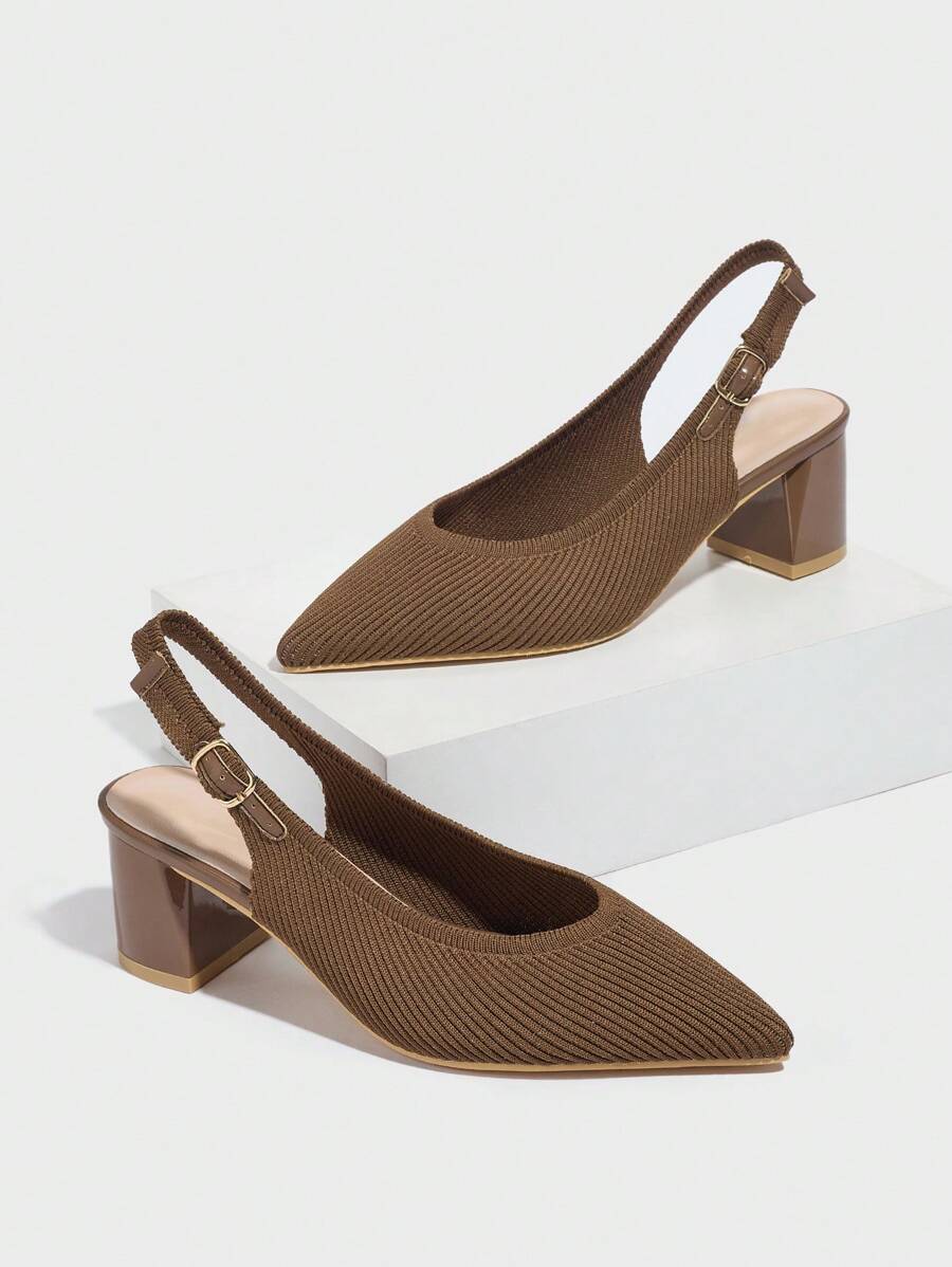 CUCCOO BASICS Women's Pointed Toe Chunky Heeled Slingback Pumps, Black Knit Fabric, Open Back Design, Breathable, Spring/Summer - Camel - View 1