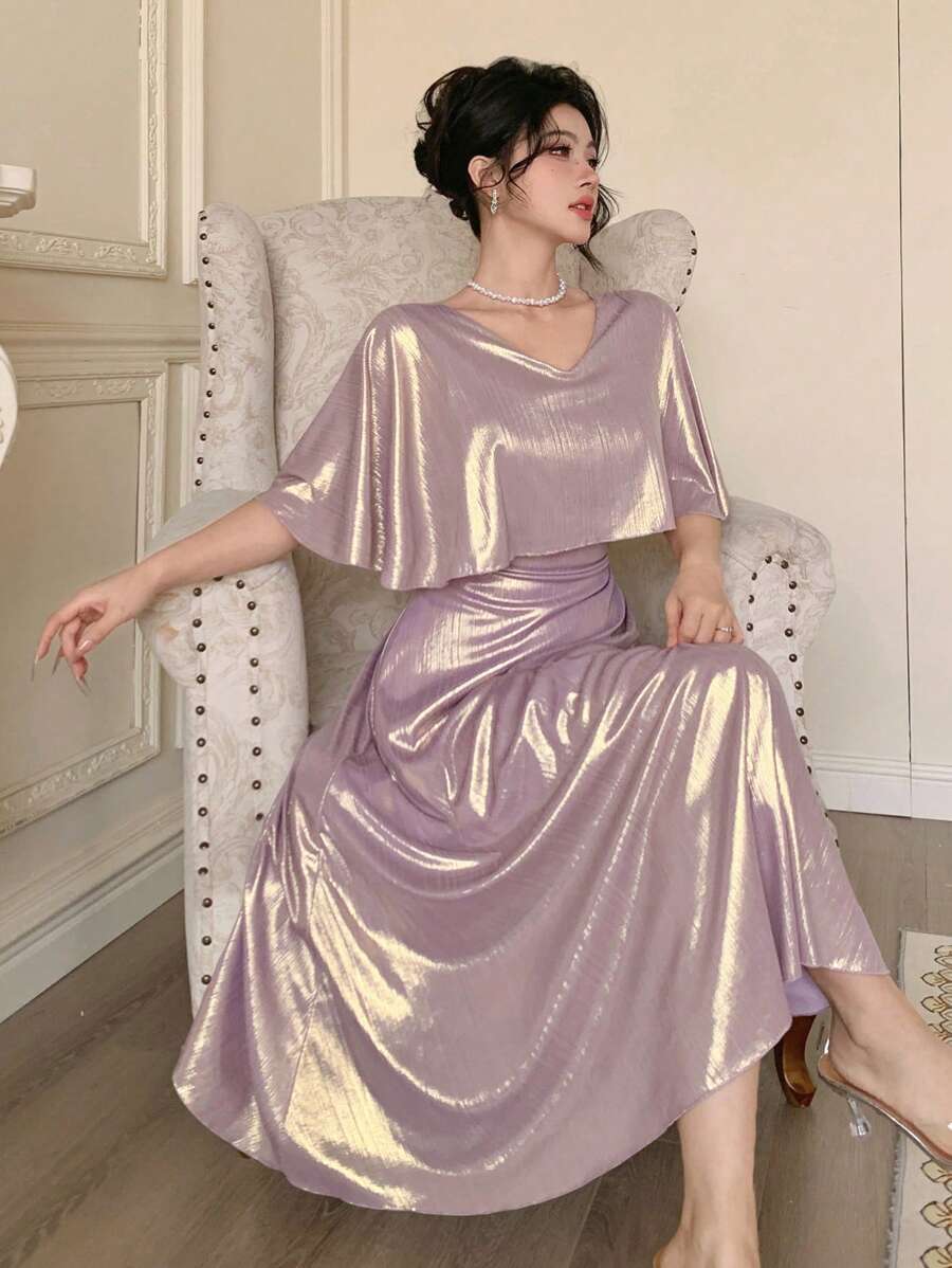 DAZY 女士纯色 V 领中长连衣裙，简约时尚，适合夏季舞会礼服优雅太阳裙、正式女士连衣裙 - 淡紫色 - 查看 1