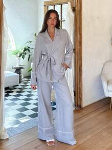Cloudara Cottonline Women Contrast Binding Detailed Kimono Belted And Wide Leg Pant Two Pieces Set - Grey - View 1