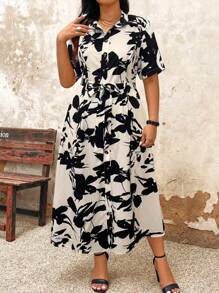 EMERY ROSE Vestito camicia maxi da donna con stampa all over e cintura