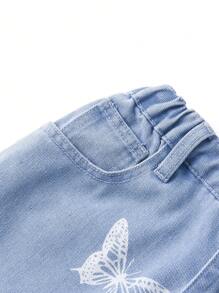 Tween Girl'' Casual Fashion Butterfly Print Ripped Washed Denim Straight Jeans,Holiday,Summer,Travel - Medium Wash - View 8