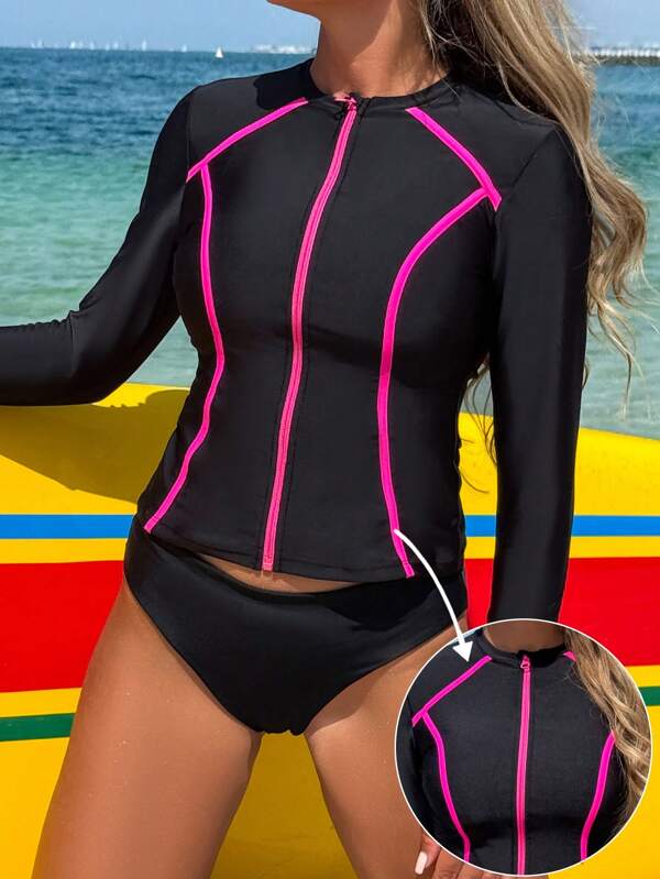 Swim SPRTY Women Neon Pink Striped Zipper Front Rash Guard, Slimming Waist Sports Jacket, Surfing Swimwear Outerwear For Beach Vacation