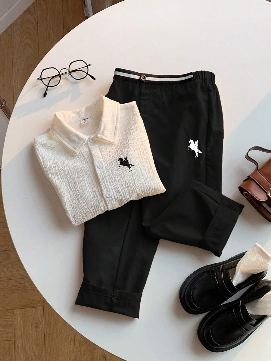 SHEIN 2pcs Kids Tween Boy Casual Daily Printed Collar Button Down Loose Long Sleeve Solid Color Shirt And Loose Straight Pants Suit Set, Suitable For School, Garden, Beach, Birthday, Spring, Summer, Autumn, Winter