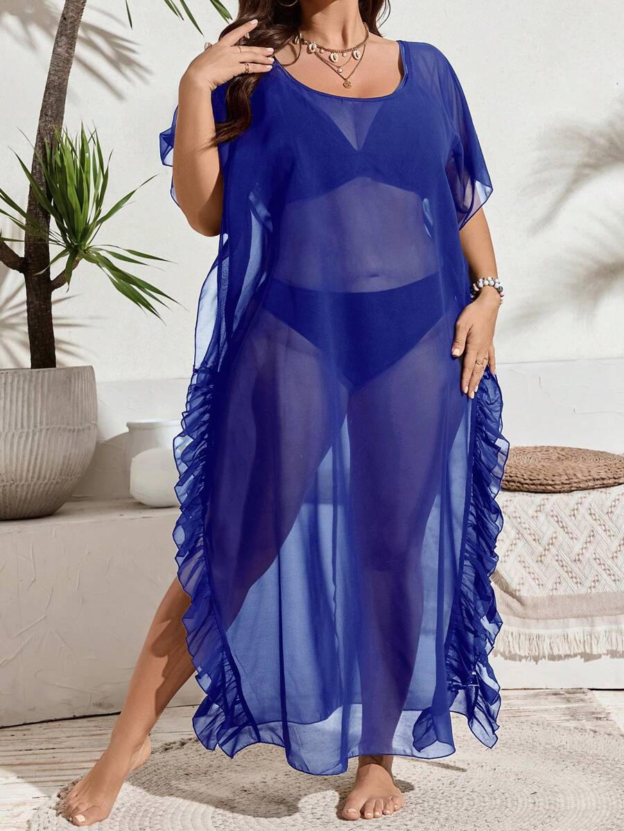 SHEIN Swim Vcay Áo trùm đầu lưới cỡ lớn, cổ tròn, đơn giản & thời trang, phù hợp cho mùa hè - Xanh đậm - Xem 1