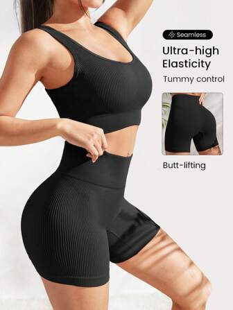 Conjunto deportivo de mujer con tejido acanalado y cintura ancha - Conjunto de gimnasio de mujer