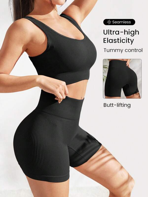 Seamluxe SHEIN Sport Conjunto Esportivo com Bainha Nervurada e Cintura Larga, Conjunto de Treinamento Feminino, Roupa de Academia para Mulheres