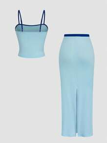 INAWLY 2pcs/Set Women Solid Color Camisole Crop Top & Skirt