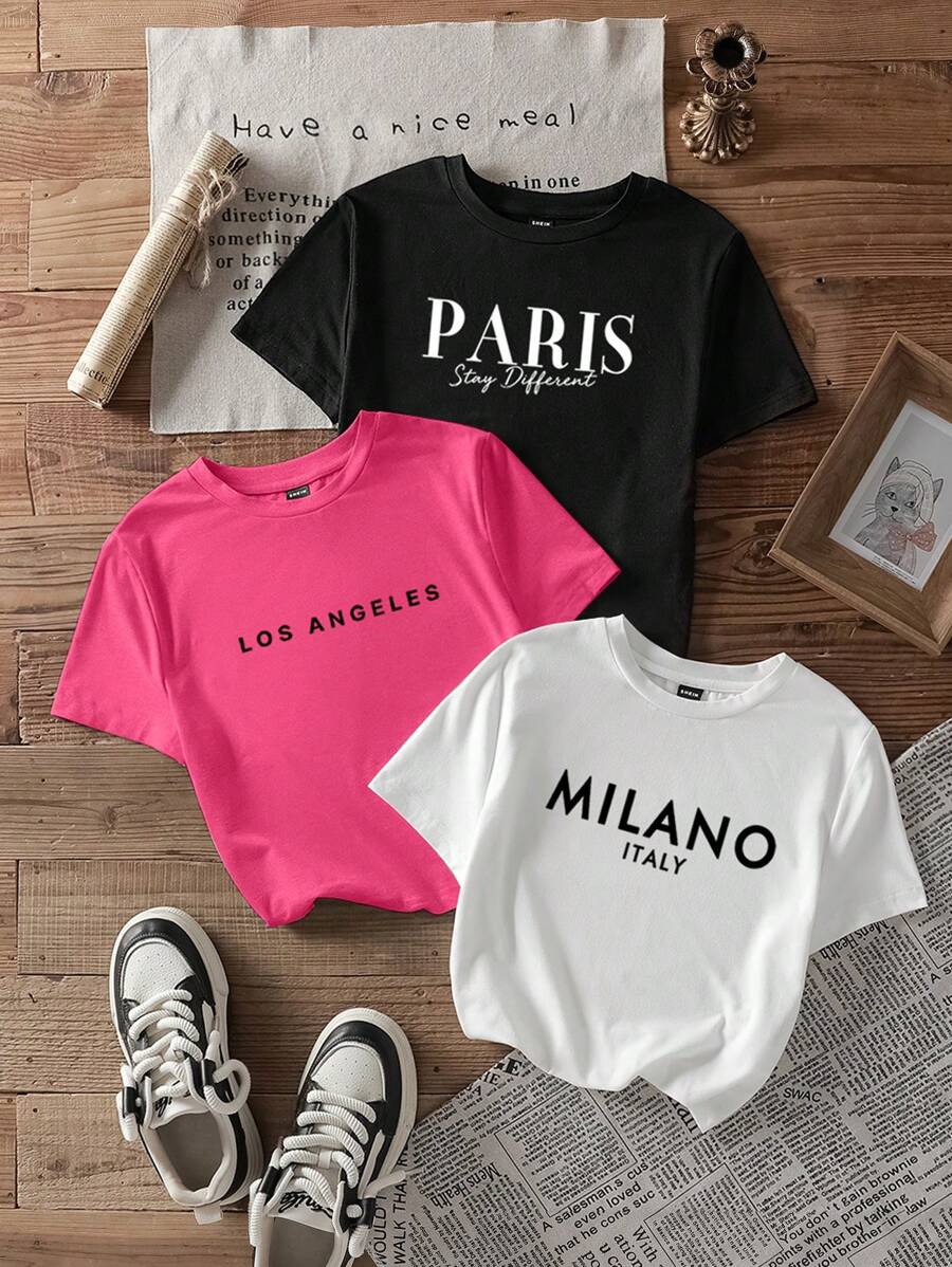 SHEIN EZwear 3 件套休闲简约米兰文字印花圆领紧身短袖短款 T 恤女款夏季 - 彩色 - 查看 1