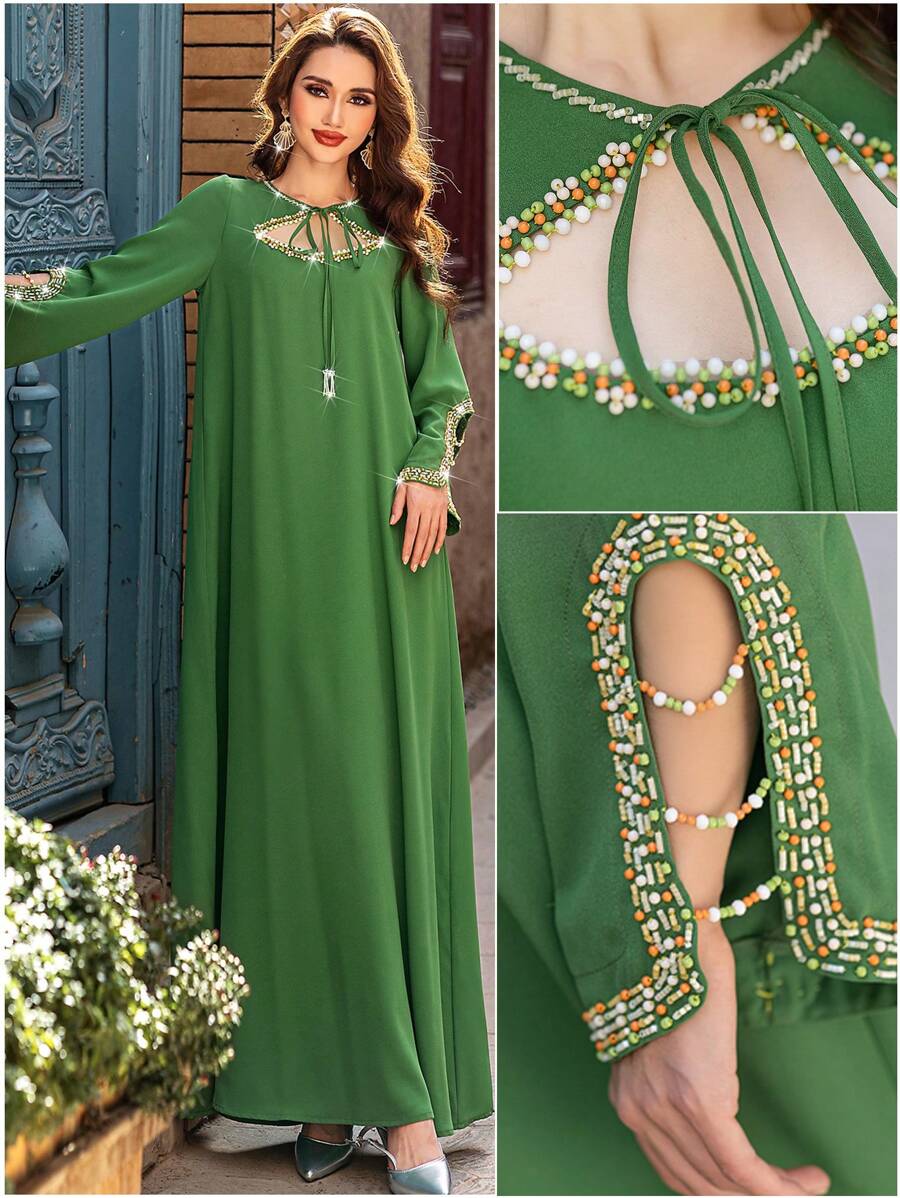 Layrah 女式系领长袖手工串珠装饰阿拉伯风格连衣裙 - 綠色 - 查看 1