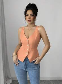 Selianne Áo ba lỗ cài nút phía trước màu trơn đơn giản cho nữ, mùa hè - trái cam - Xem 7