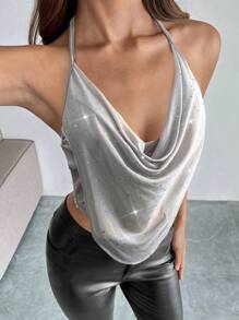 Firerie Top camisero elegante, romántico, sexy y grácil con cuello drapeado, adecuado para fiestas, vacaciones, vuelta al cole, otoño/invierno