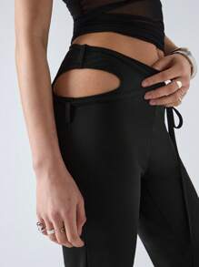LYSMO Women's Black Knitted Casual Extra Long Pants With Ruched Detailing And Hip Cutouts - Black - View 5