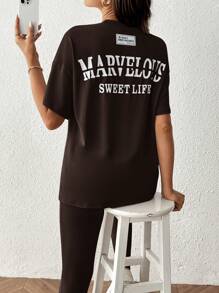 SHEIN 2pcs Maternity Set: Solid Color Short Sleeve Round Neck T-Shirt And Pants - Brown - View 2