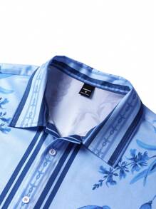 Manfinity RSRT Men's Blue Boho Short Sleeve Shirt: Regular Fit Button Front Collared Shirt With Floral Print And Stylish Border Detail - Blue - View 3