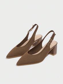 CUCCOO BASICS Women's Pointed Toe Chunky Heeled Slingback Pumps, Black Knit Fabric, Open Back Design, Breathable, Spring/Summer - Camel - View 2