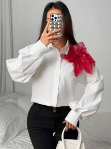 Calvaya New Elegant Loose Fit Burgundy Organza 3D Floral Design Blouse