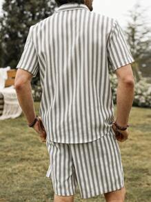 Manfinity Homme Men's Striped Short Sleeve Single-Breasted Shirt And Shorts Set - Beige - View 2