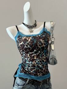 SHEIN EZwear 夏季乡村音乐会豹纹吊带背心，配蓝色蕾丝边 - 藍色 - 查看 1