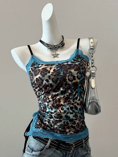 SHEIN EZwear 夏季乡村音乐会豹纹吊带背心，配蓝色蕾丝边