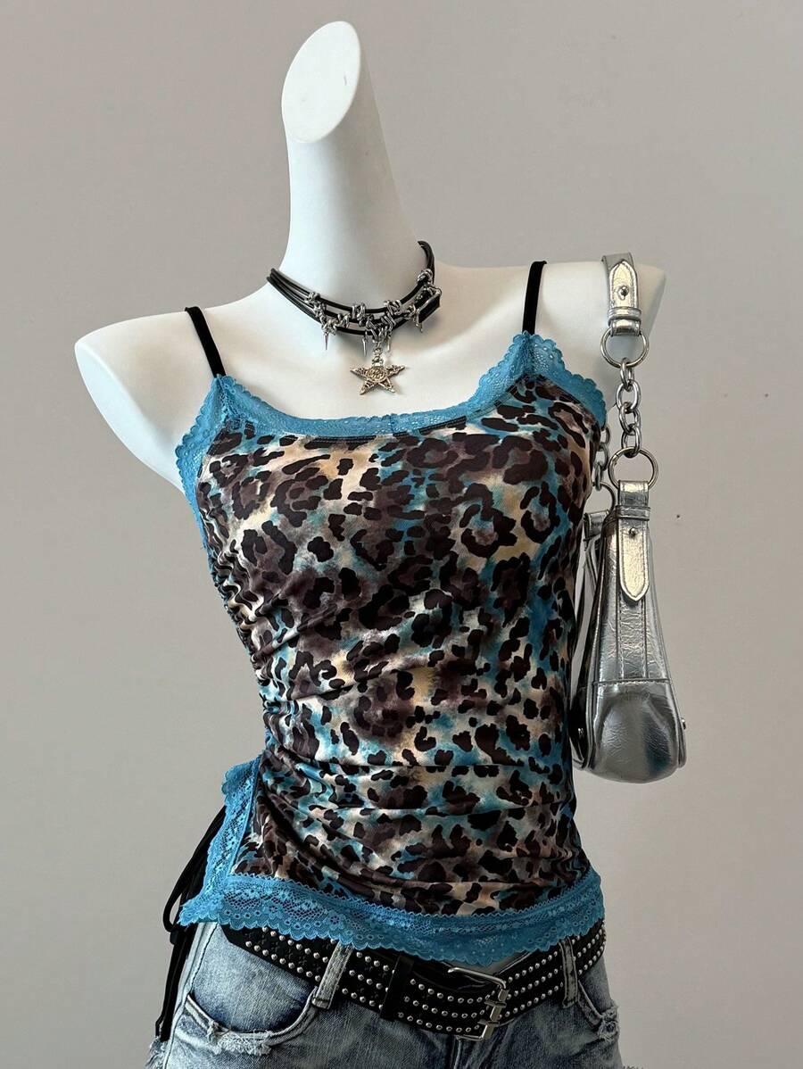 SHEIN EZwear 夏季乡村音乐会豹纹吊带背心，配蓝色蕾丝边 - 藍色 - 查看 1
