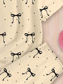 SHEIN 波尔卡圆点蝴蝶结印花，米色，青少年女孩休闲简约短袖上衣和裤子家居服，紧身剪裁，春夏 - 彩色 - 查看 5