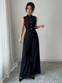 Elenzga Solid Coloured Stand Collar Button Decor Sleeveless Elegant Women Jumpsuit - Black - View 5