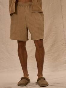 Drawstring Waist Waffle Textured Shorts Only Spring Summer Vacation - Khaki - View 2