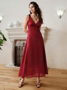 SHEIN LUNE Women's Chiffon Splicing Waist Gathering Color-Blocking Midi Elegant Dress - Burgundy - View 2