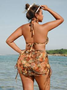 Swim SXY 2pcs Plus Size Women Floral Leopard Print Bikini Top And Matching Leopard Print High-Low Skirt Beachwear Set For Summer Beach Vacation - Multicolor - View 2