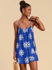 Travachic 编织炎热太阳印花宽松女式连体裤 - 藍色 - 查看 3