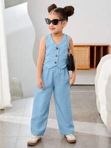 SHEIN Conjunto informal de top sin mangas y pantalones de tejido liso para niña, para primavera/verano - Azul - Ver 3