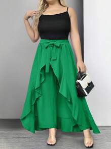 SHEIN LUNE Plus Size Women Ruffled High Waist Wide Leg Casual Pants Culottes - Green - View 6