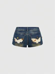 ROMWE Hippie Vintage Music Festival Vacation Bohemian Animal Print Patchwork Distressed Low Waist Skinny Denim Shorts For Women - Blue - View 2