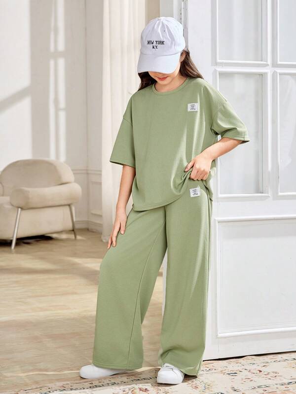 SHEIN 2pcs/Set Tween Girls Casual Minimalist Comfortable Round Neck Short Sleeve T-Shirt And Pants Set