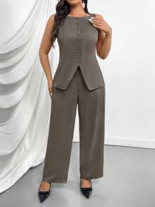 Firerie Conjunto de 2 piezas talla grande para mujer - Diseño de cargo con decoración de bolsillo falso, Blazer y pantalón con escote en V color beige para el Día de San Valentín, Conjunto informal para oficina/ir al trabajo