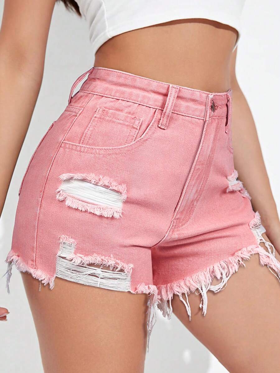 SHEIN EZwear Quần short denim tua rua giản dị - Hồng - Xem 1